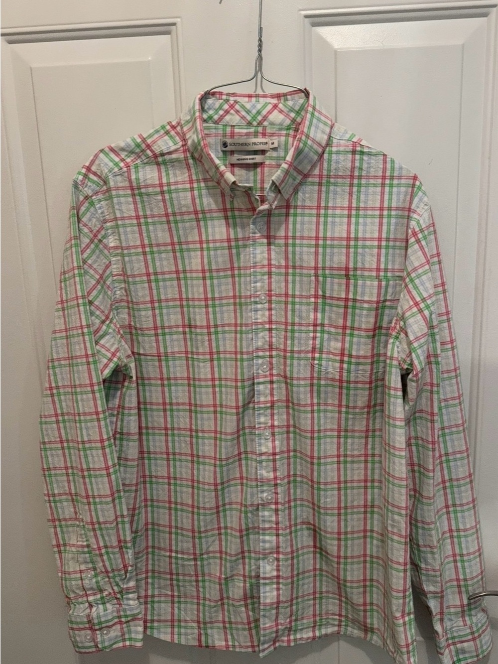 Southern Proper White Button-Down Shirt with Red & Green Plaid